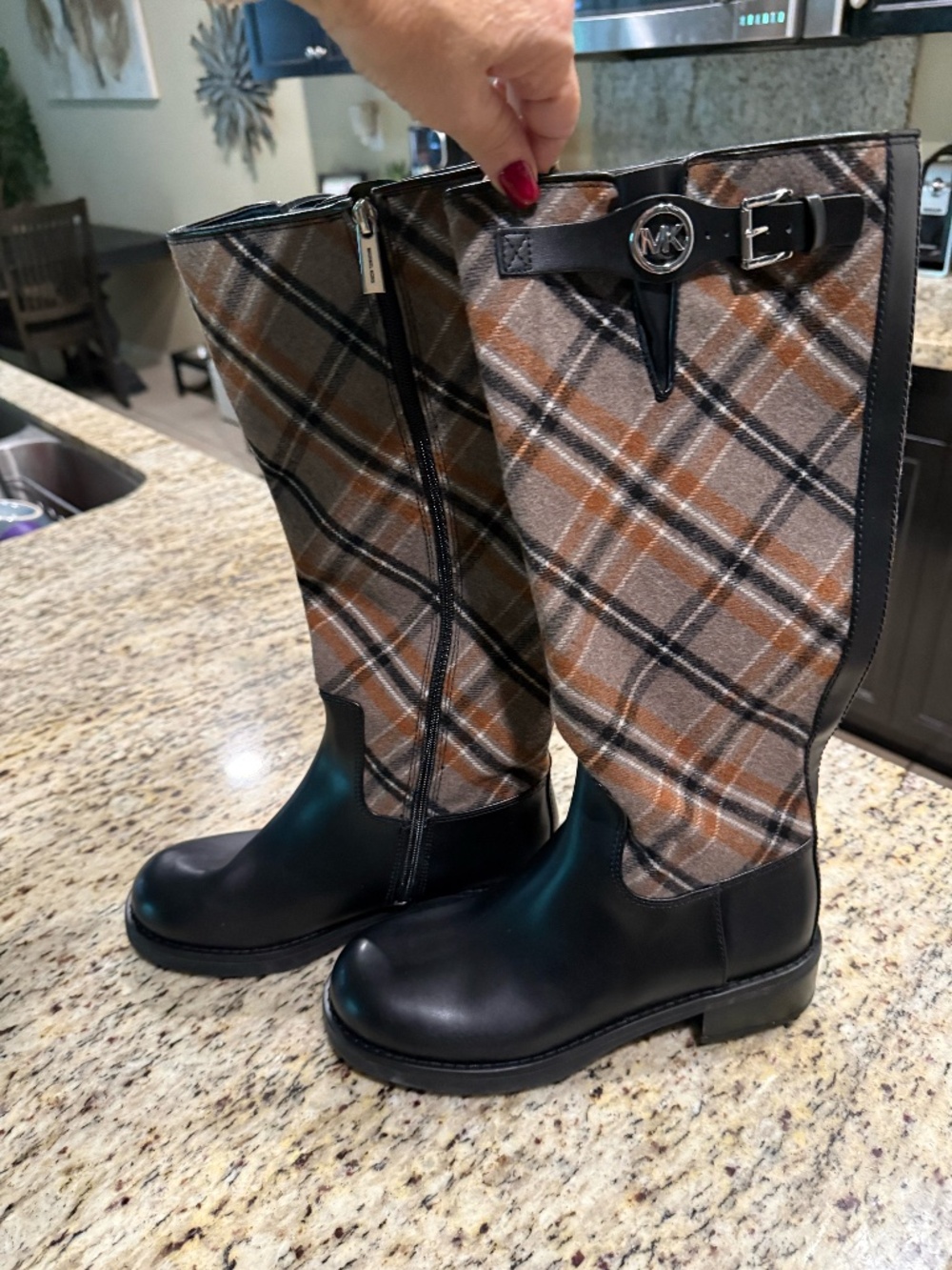 Like New Women's Black Michael Kors Riding Boots,Tall,Royce Plaid,Wool Blend,Zip